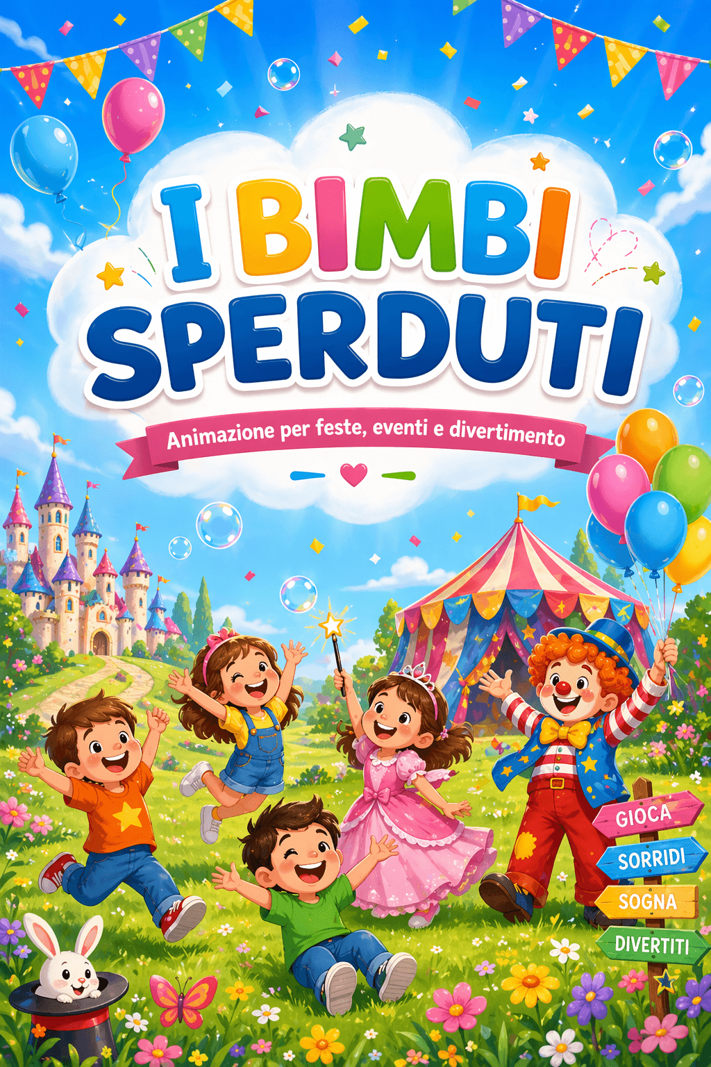 Poster verticale di I Bimbi Sperduti con clown, palloncini e bambini in festa
