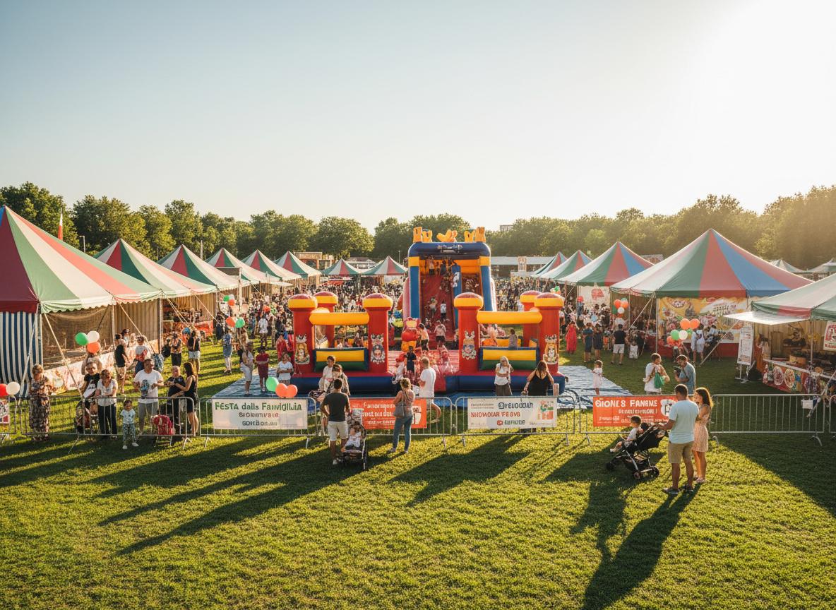 Grande evento all'aperto per famiglie con area gioco, tende e gonfiabili
