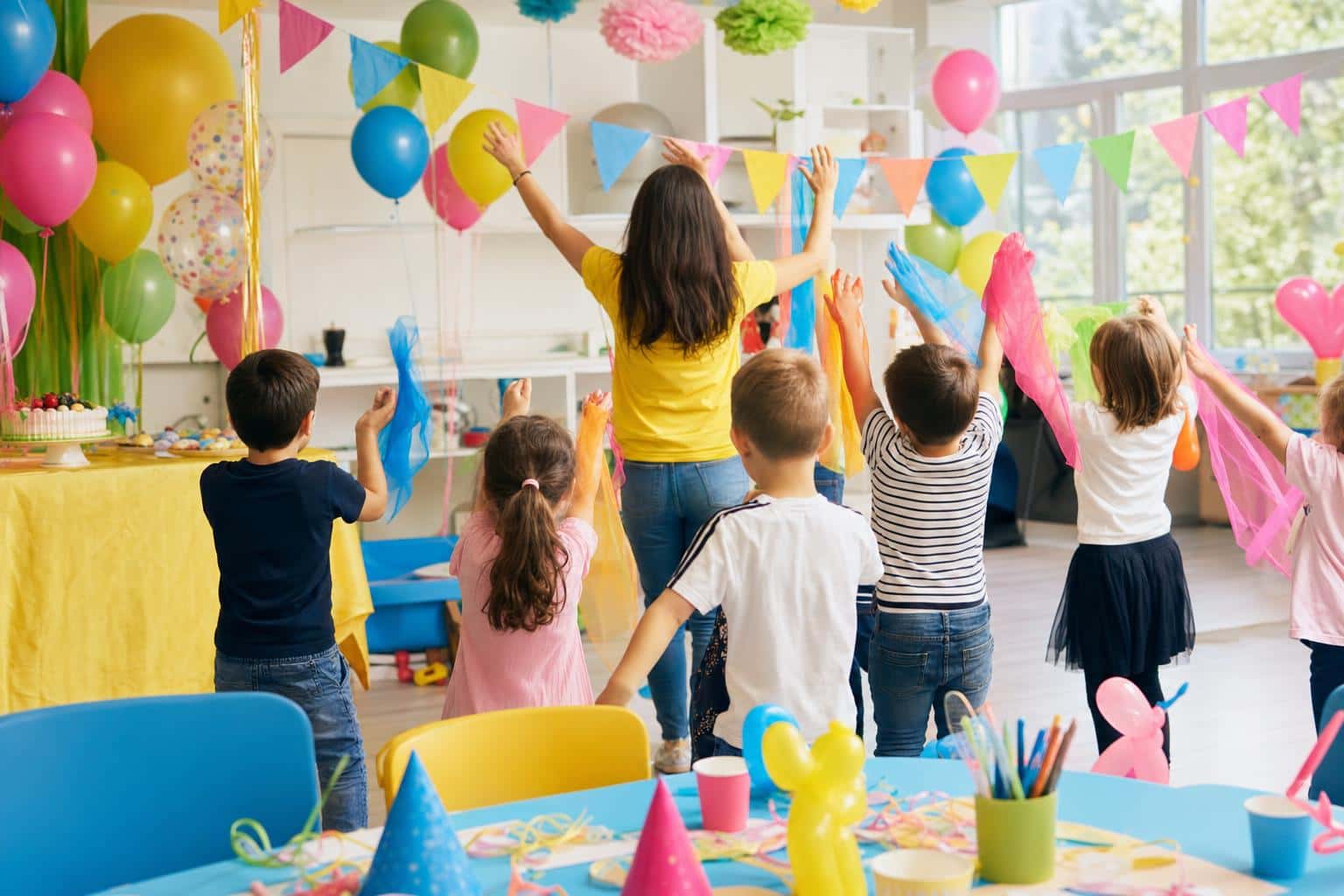 Scena illustrativa di compleanno per bambini in una sala italiana