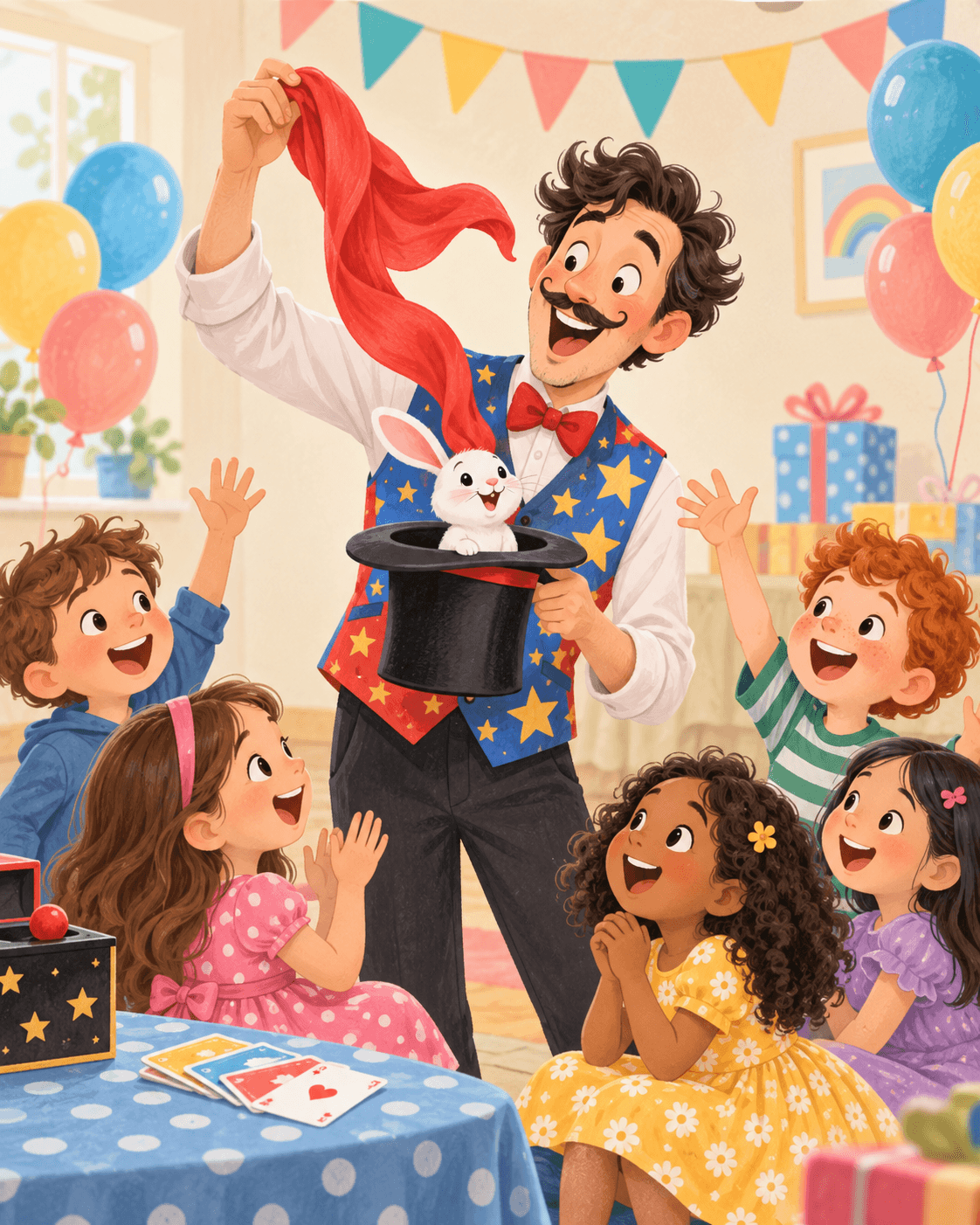 Mini show di magia per bambini con cappello, bacchetta, carte e bambini seduti davanti allo spettacolo