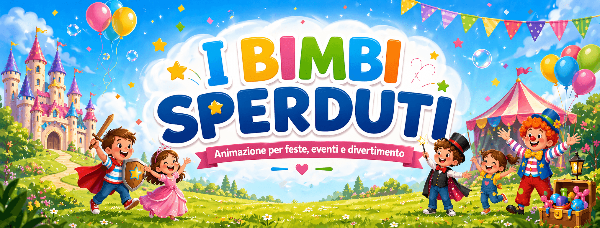 Cover Facebook di I Bimbi Sperduti con castello, tendone, palloncini e personaggi